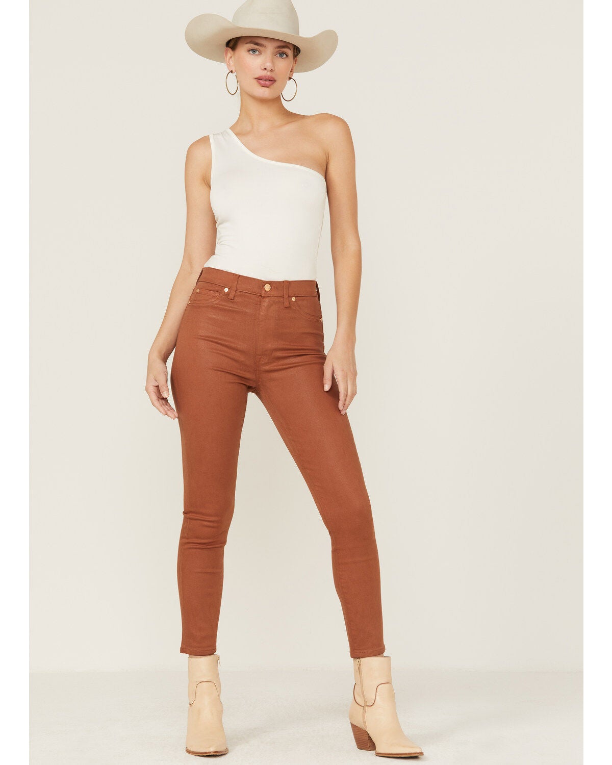 7 For All Mankind Women's Coated Faux Leather Ankle Skinny Jeans, Brown, hi-res