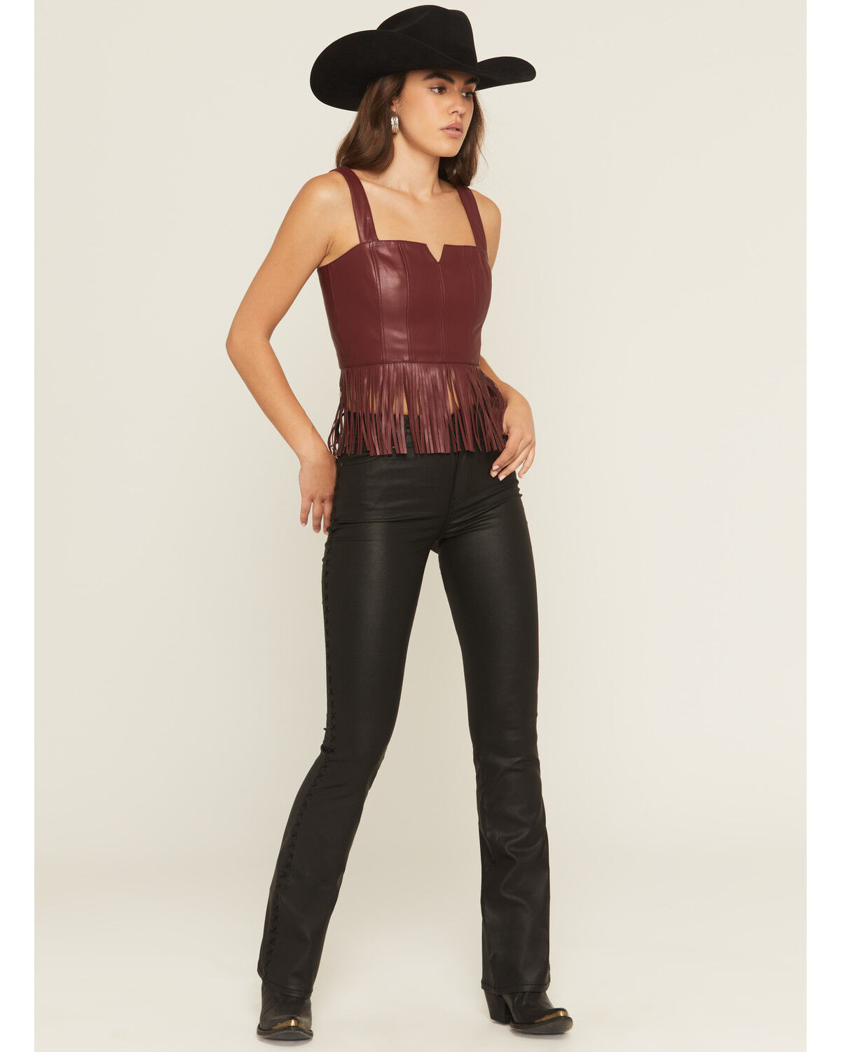Image #1 - Idyllwind Women's Roycroft Faux Leather Fringe Bustier Top, Cherry, hi-res