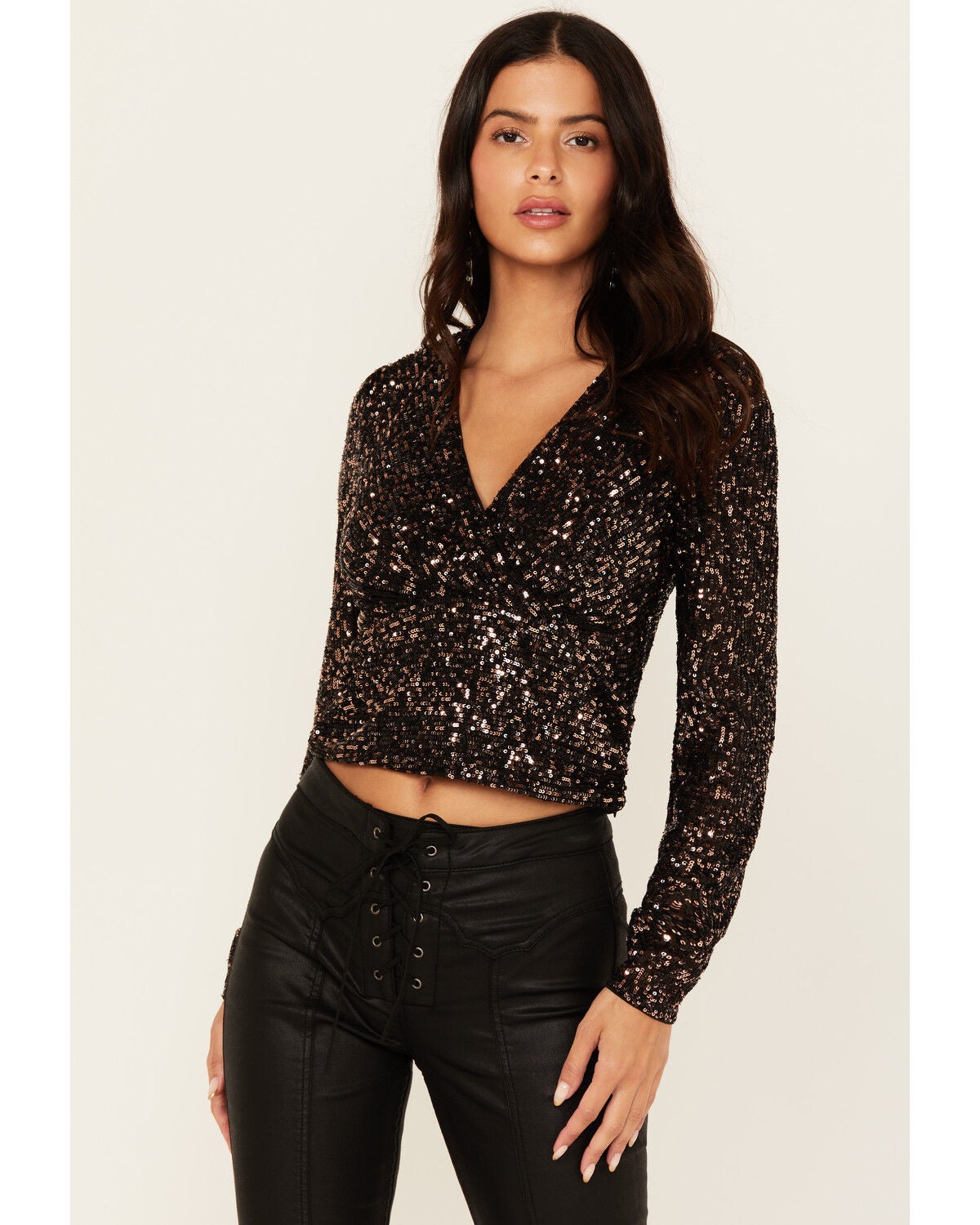 Shyanne Women's Sequins Long Sleeve Top, Black, hi-res
