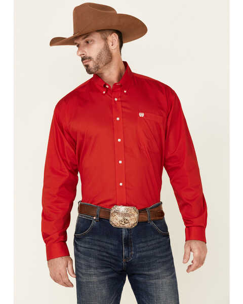 Cinch Men's Solid Button Down Long Sleeve Western Shirt, Red, hi-res