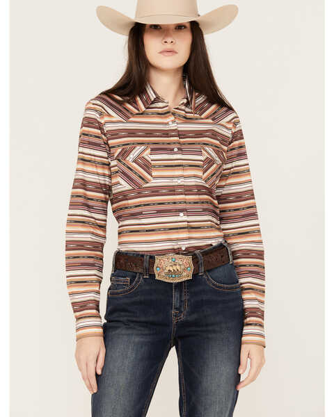Image #1 - Rough Stock by Panhandle Women's Southwestern Striped Long Sleeve Western Pearl Snap Shirt, Brown, hi-res