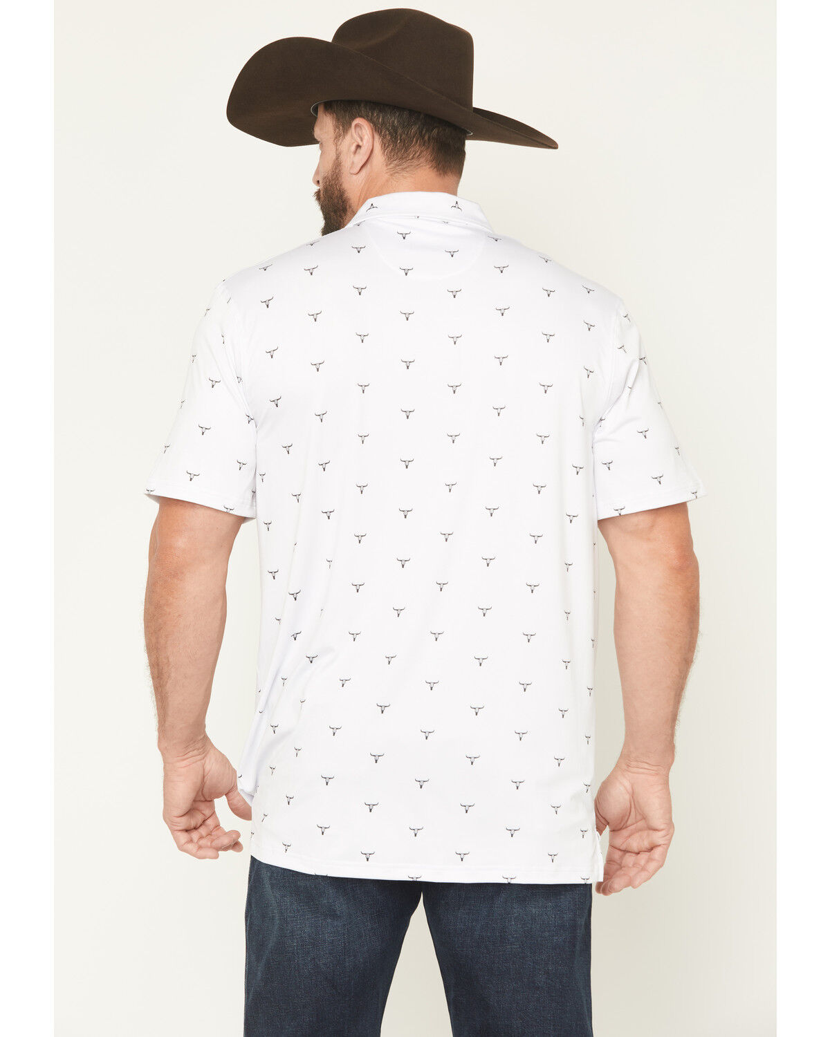 Image #4 - Cowboy Hardware Men's Steerhead Print Short Sleeve Snap Polo, White, hi-res