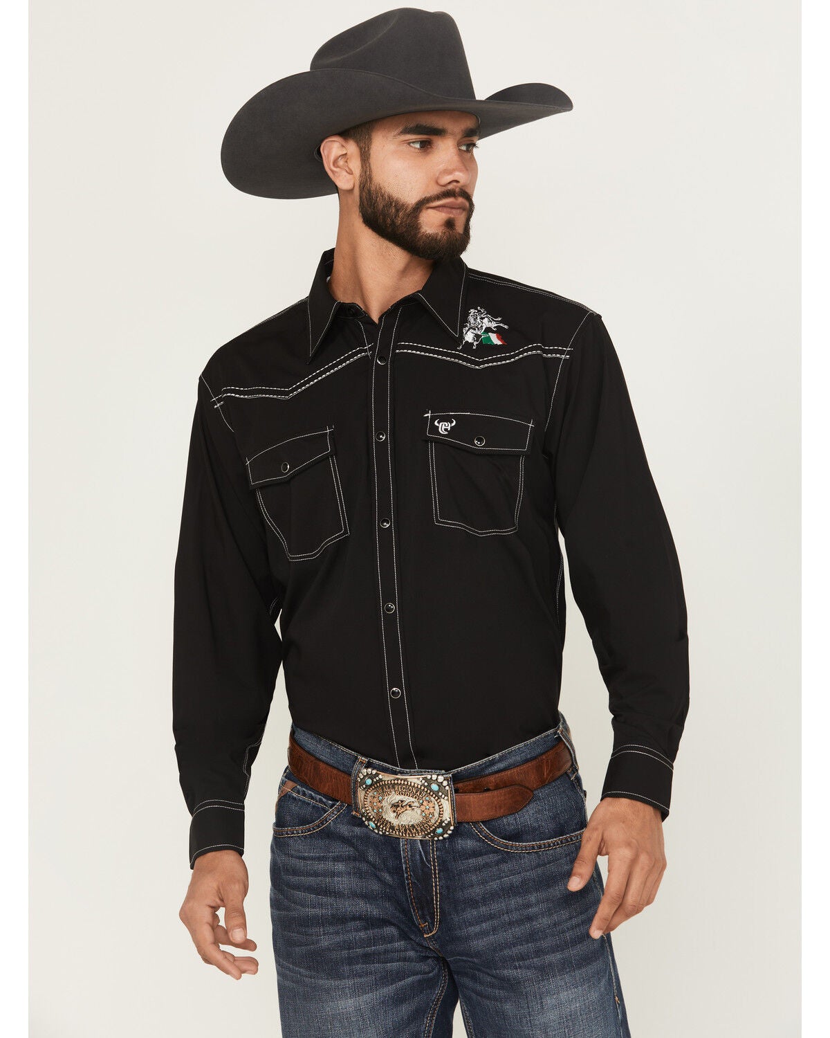 Cowboy Hardware Men's Boot Barn Exclusive Mexico Flag And Bull Long Sleeve Snap Stretch Western Shirt, Black, hi-res