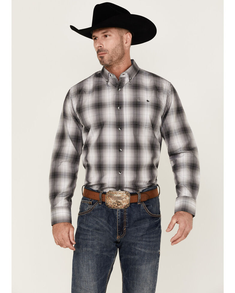 Rodeo Clothing Men's Small Grey Plaid Long Sleeve Button-Down Western Shirt , Grey, hi-res