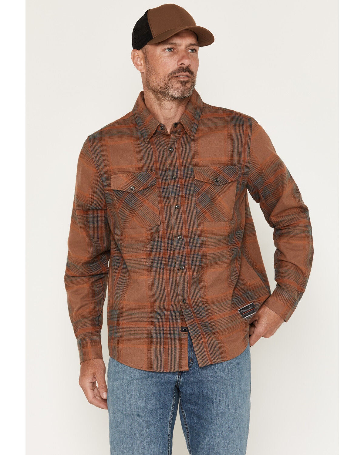 Image #1 - Troll Co Men's Jackson Plaid Print Long Sleeve Snap Flannel Work Shirt, Brown, hi-res