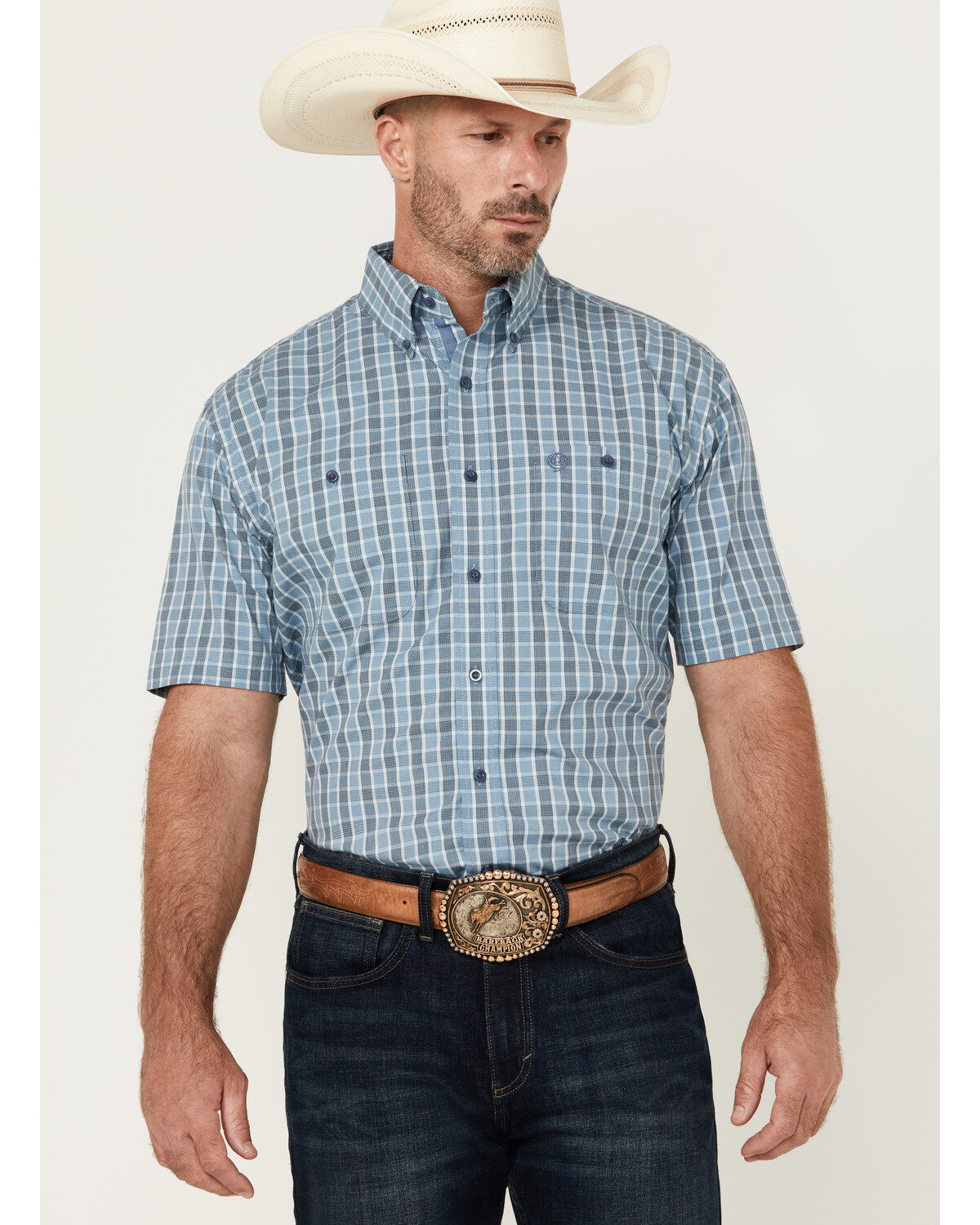 Image #1 - George Strait by Wrangler Men's Plaid Print Short Sleeve Button-Down Western Shirt, Blue, hi-res