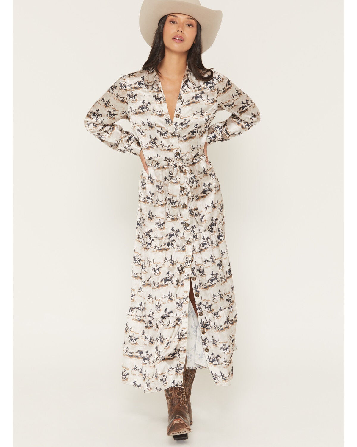 Panhandle Slim Women's Cowboy Rider Satin Long Sleeve Button-Down Maxi Skirt, Tan, hi-res