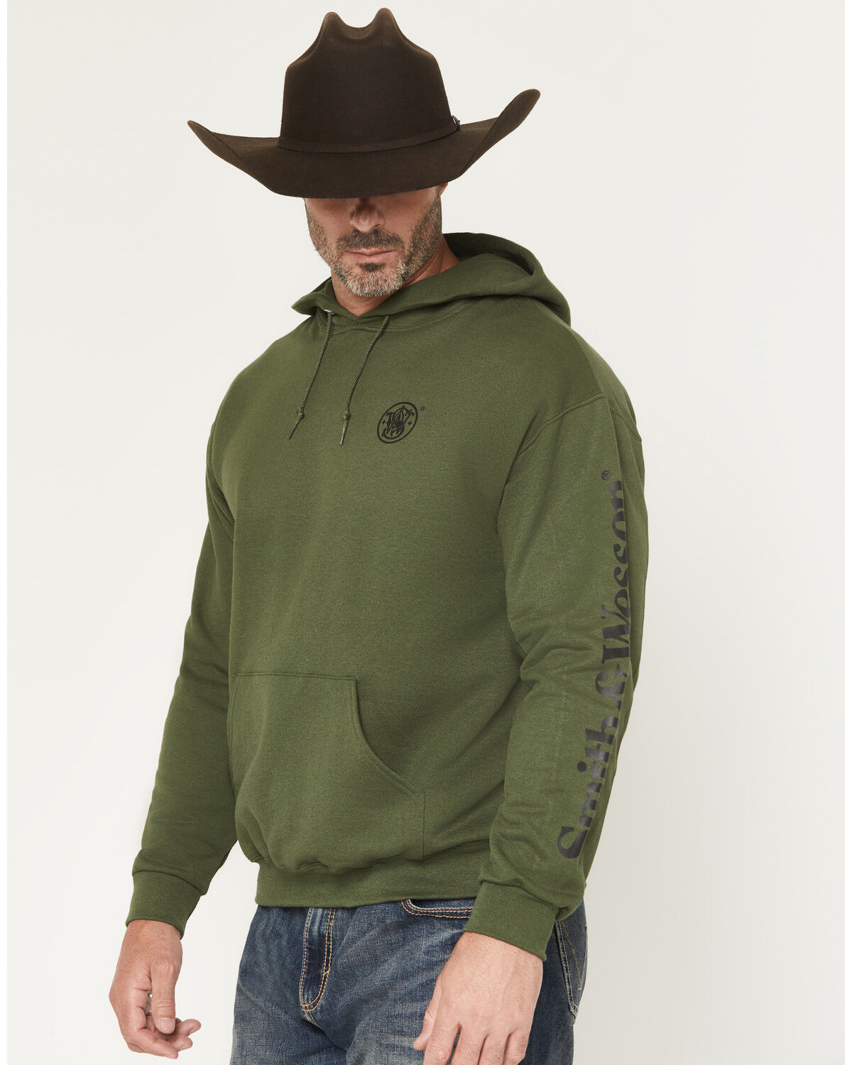 Image #2 - Smith & Wesson Men's Logo Sleeve Hooded Sweatshirt, Olive, hi-res