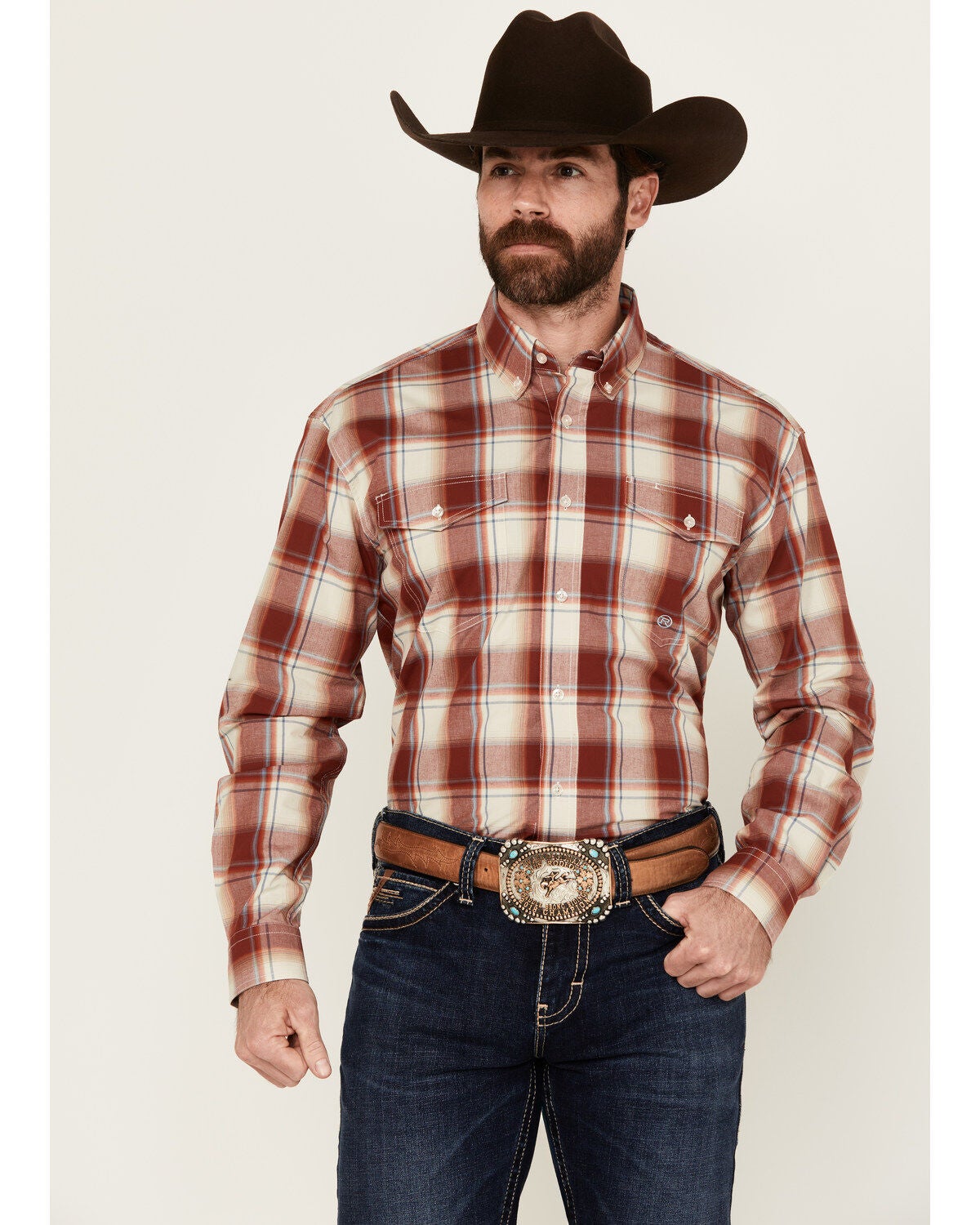 Roper Men's Amarillo Plaid Print Long Sleeve Button-Down Western Shirt, Red, hi-res