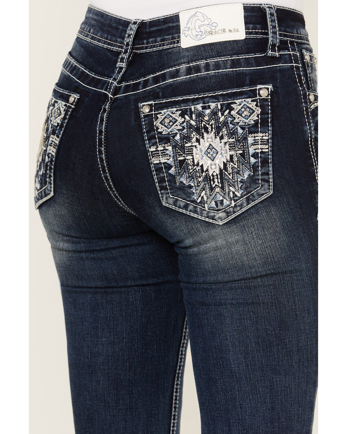 Image #2 - Grace In LA Women's Dark Wash Sequin Pocket Mid Rise Bootcut Stretch Denim Jeans, Dark Wash, hi-res