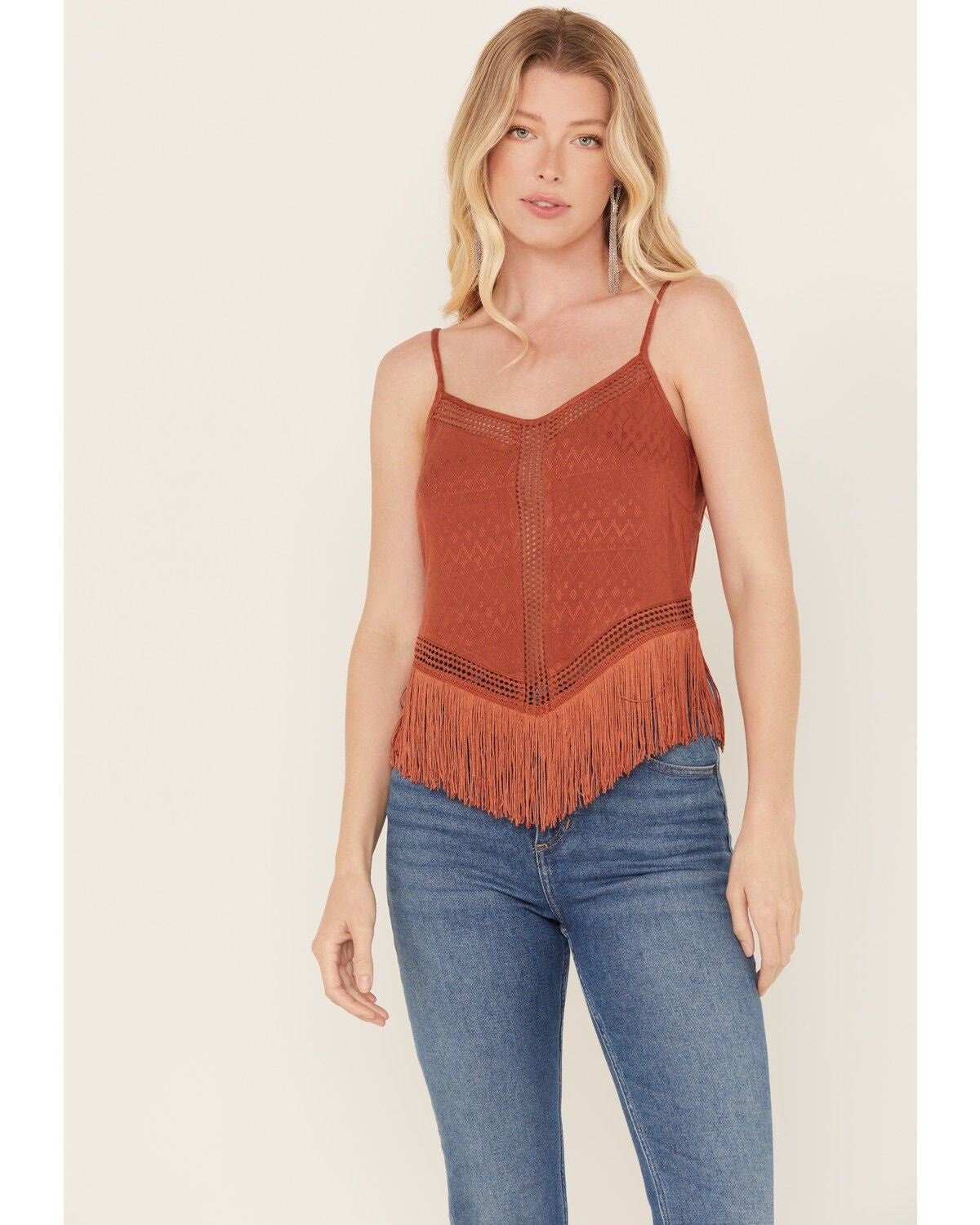 Idyllwind Women's Lace & Fringe Handkerchiefed Tank, Pecan, hi-res