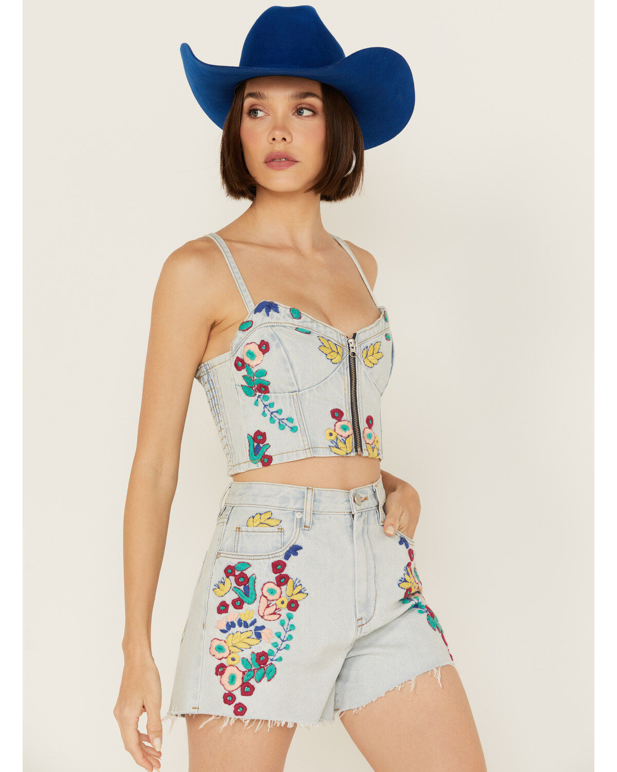 Image #2 - Blank NYC Women's Light Wash Picnic Date Embroidered Denim Crop Top, , hi-res