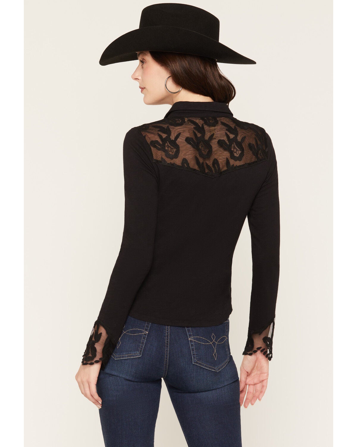 Image #4 - Shyanne Women's Rider Long Sleeve Knit Lace Yoke Button-Down Western Shirt, Black, hi-res