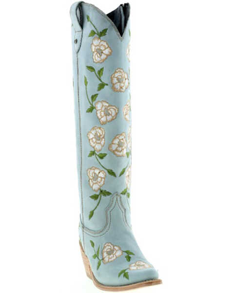 Botas Caborca For Liberty Black Women's Embroidered Roses Tall Western Boots - Snip Toe, Light Blue, hi-res