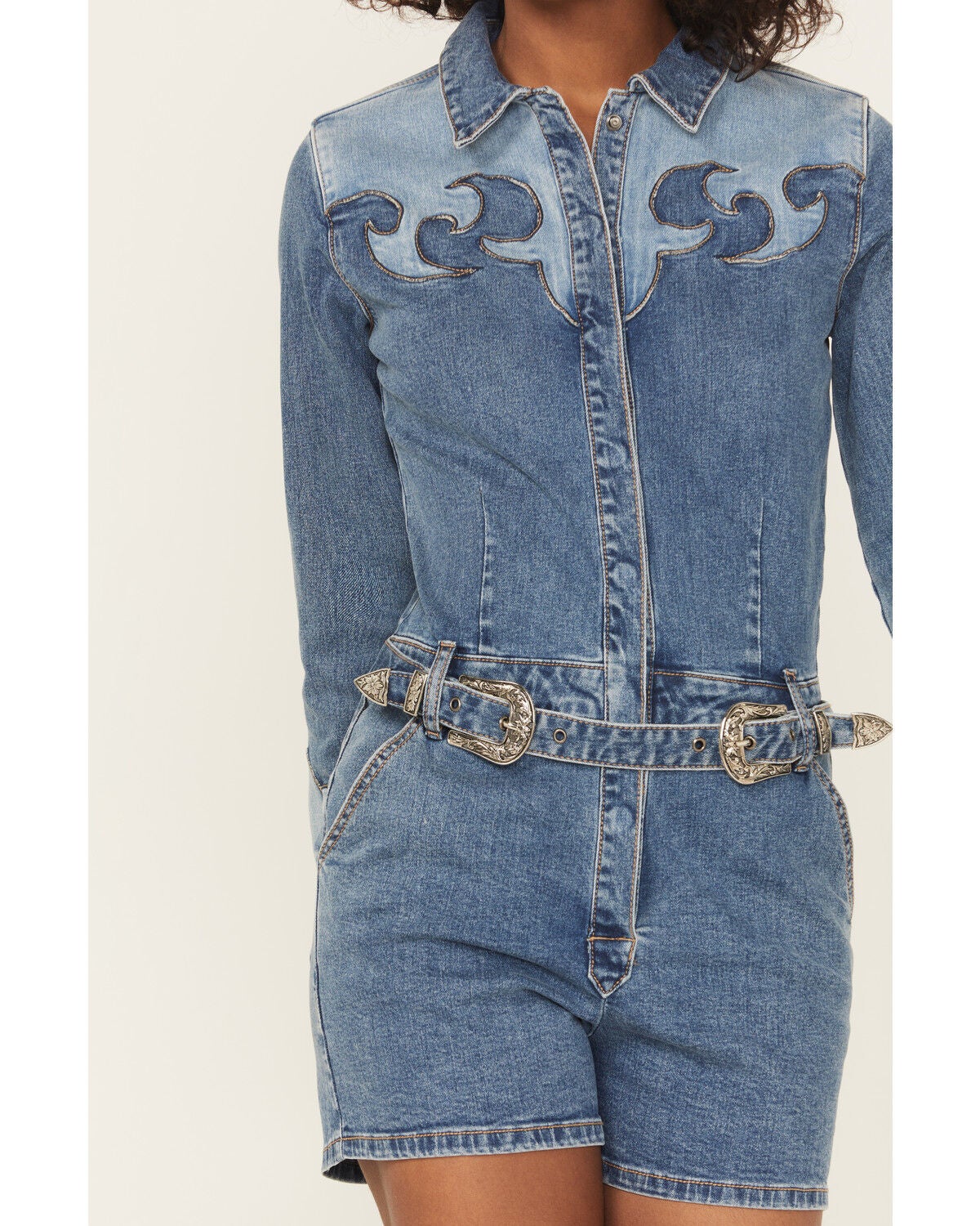 Image #3 - Rock & Roll Denim Women's Medium Wash Long Sleeve Snap Stretch Denim Romper, Medium Wash, hi-res