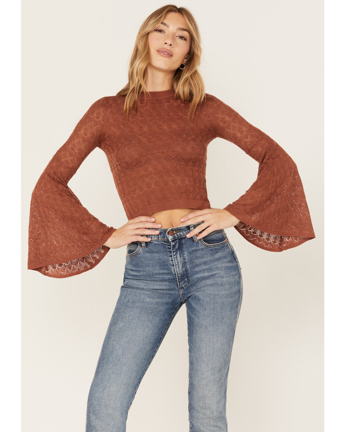 Image #2 - Shyanne Women's Crochet Lace Bell Sleeve Sweater, Brown, hi-res