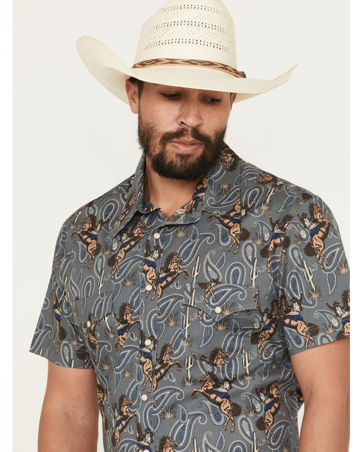 Image #2 - Rock & Roll Denim Men's Dale Brisby Horse Print Short Sleeve Snap Stretch Western Shirt, Charcoal, hi-res