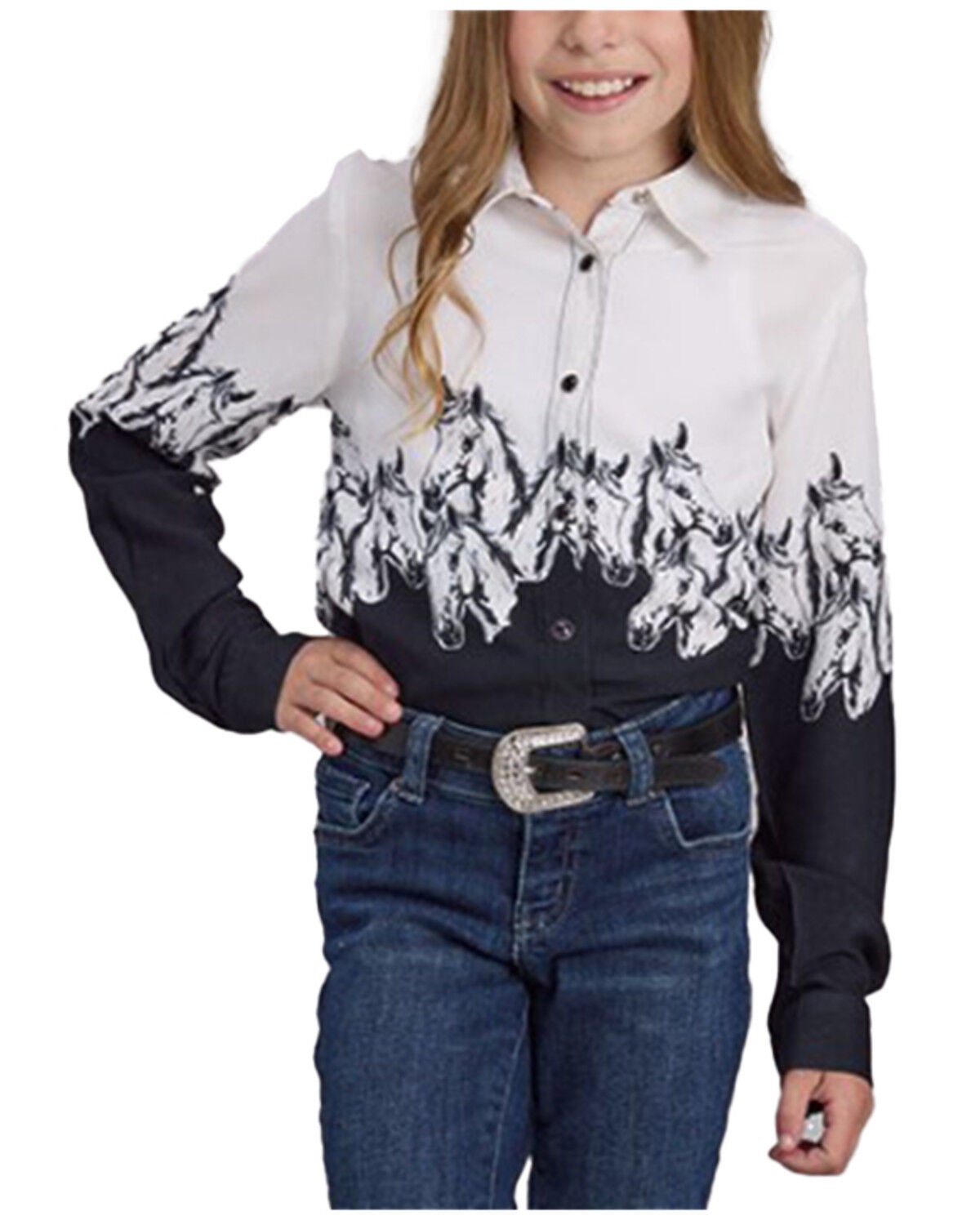 Roper Girls' Horse Border Long Sleeve Snap Western Shirt, White, hi-res