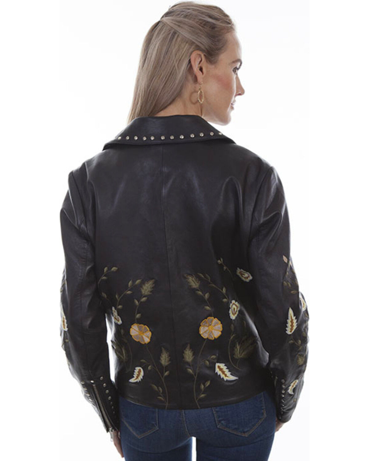 black leather jacket with floral embroidery