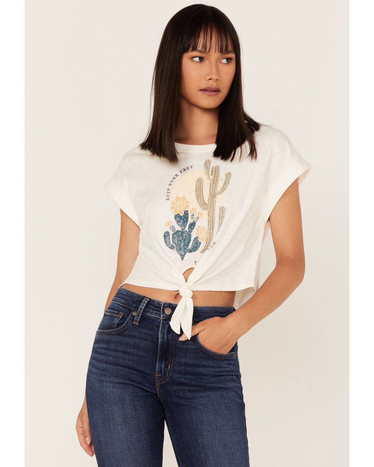 Shyanne Women's Desert Sun Cactus Graphic Tie Front Tee, Ivory, hi-res