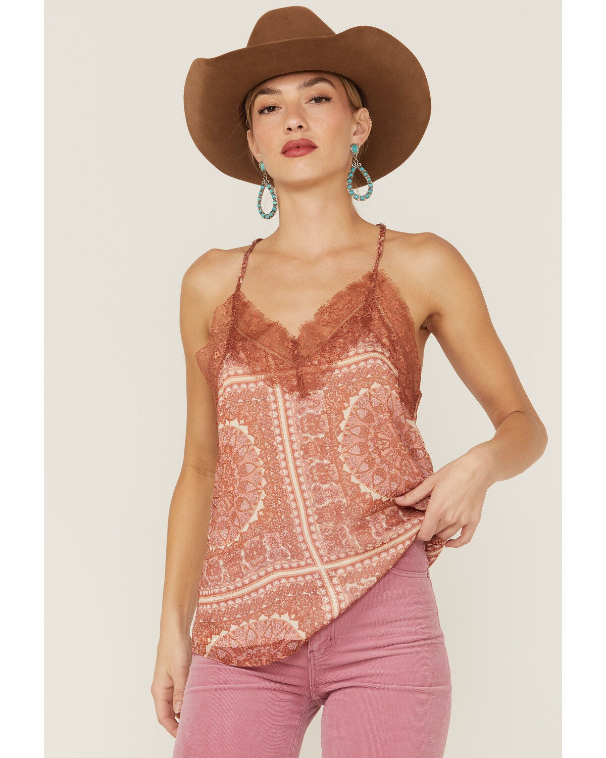 Miss Me Women's Medallion Print Lace Trim Cami, Rust Copper, hi-res