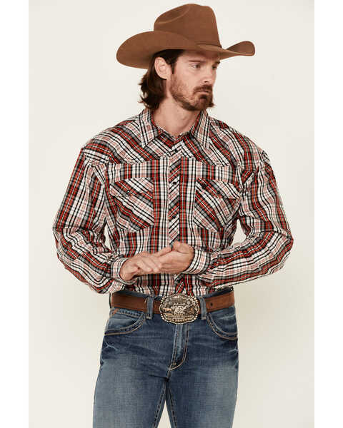 Image #1 - Cowboy Hardware Men's Rancher Plaid Long Sleeve Snap Western Shirt , Red, hi-res