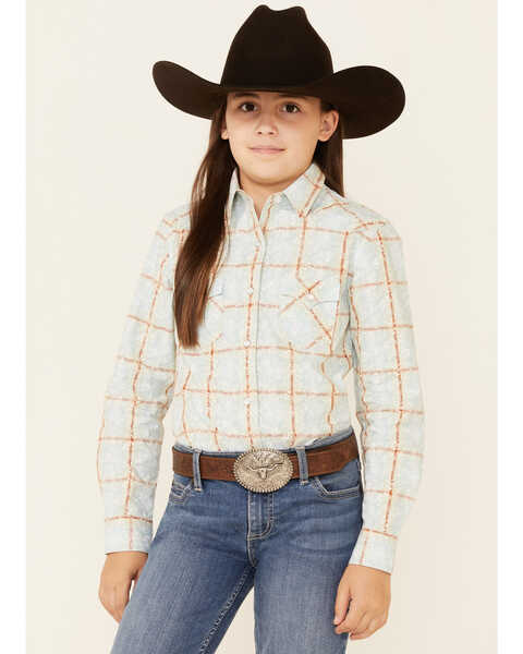 Rough Stock By Panhandle Girls' Overprint Long Sleeve Snap Western Shirt , Light Blue, hi-res