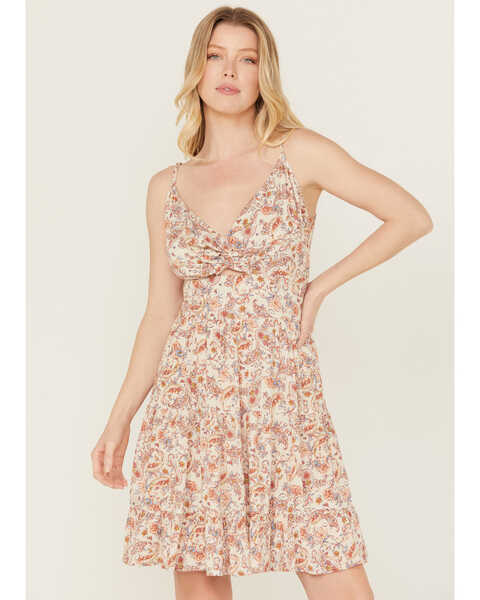 Wild Moss Women's Floral Print Front Knot Dress, Ivory, hi-res