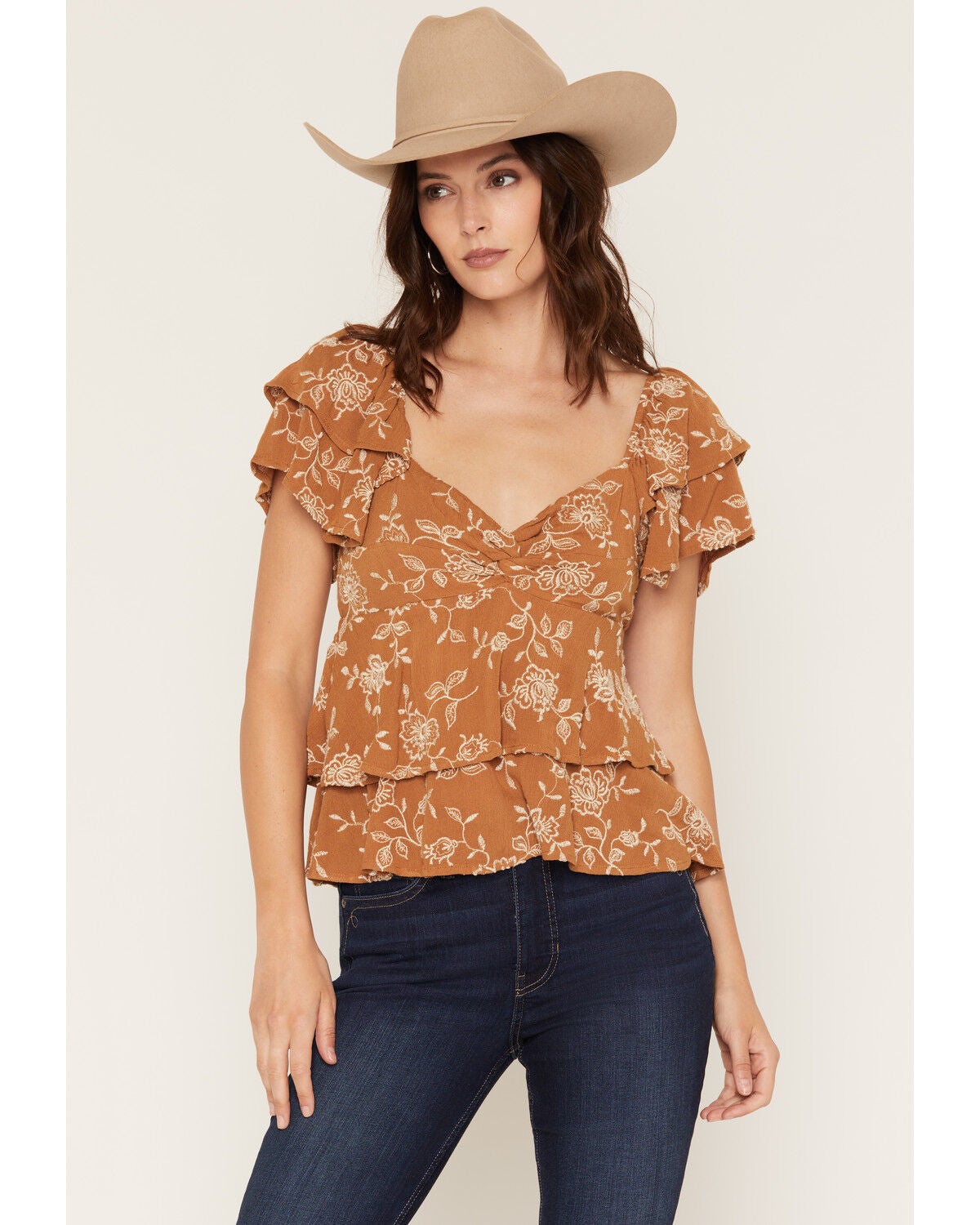Originality Women's Boot Barn Exclusive Floral Embroidered Tiered Tie Back Top, Mustard, hi-res