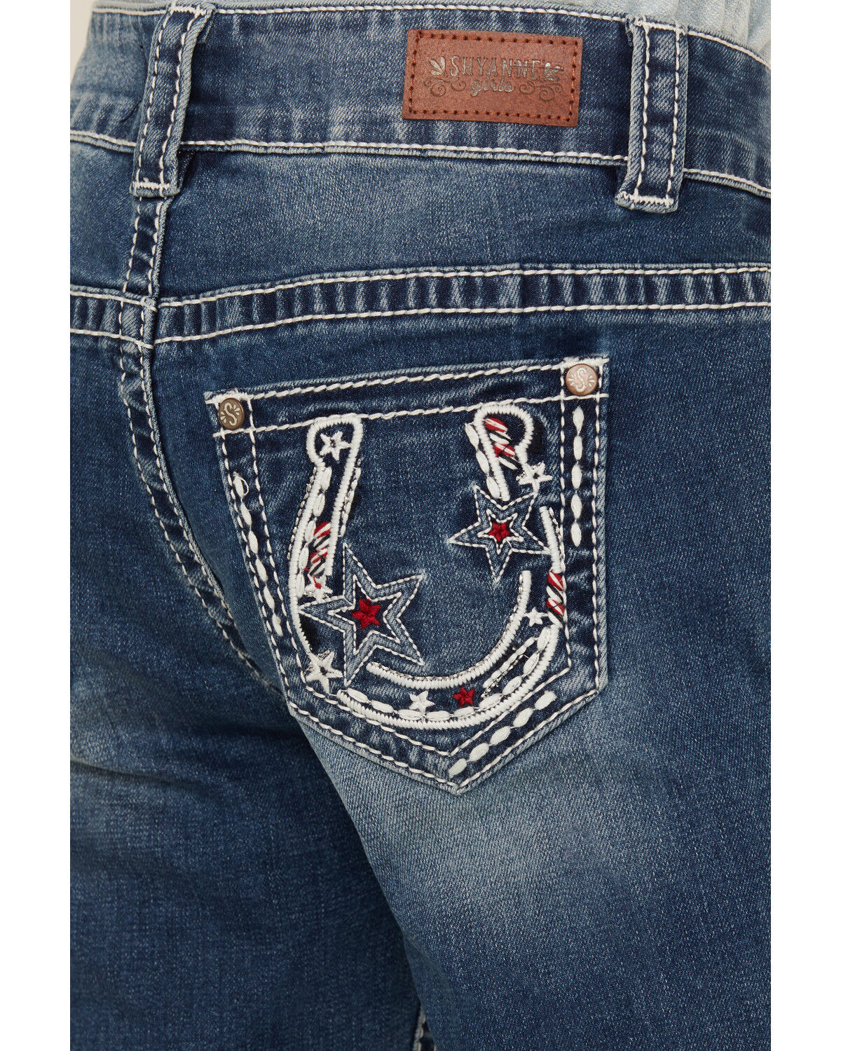 Image #2 - Shyanne Little Girls' Americana Horseshoe Pocket Stretch Bootcut Jeans, Blue, hi-res