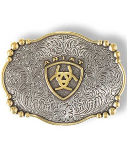 Ariat Women's Floral Smooth Edge Belt Buckle, Silver, hi-res