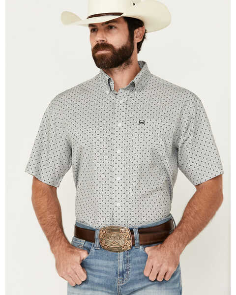 Cinch Men's ARENAFLEX Geo Print Short Sleeve Button-Down Western Shirt , Light Grey, hi-res