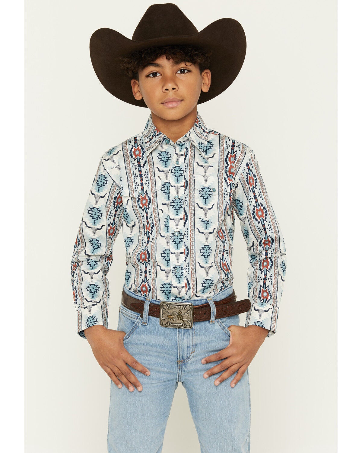 Wrangler Boys' Checotah Southwestern Striped Long Sleeve Pearl Snap Western Shirt, Blue, hi-res