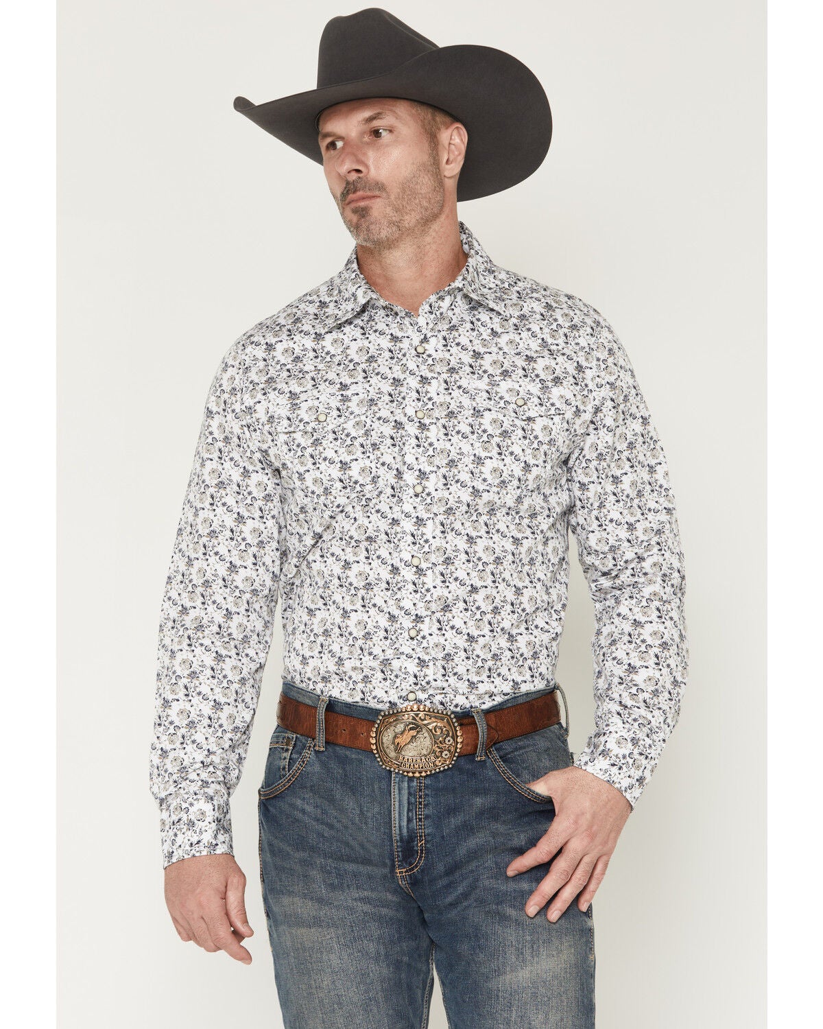 Wrangler Retro Men's Premium Floral Print Long Sleeve Snap Western Shirt, White, hi-res