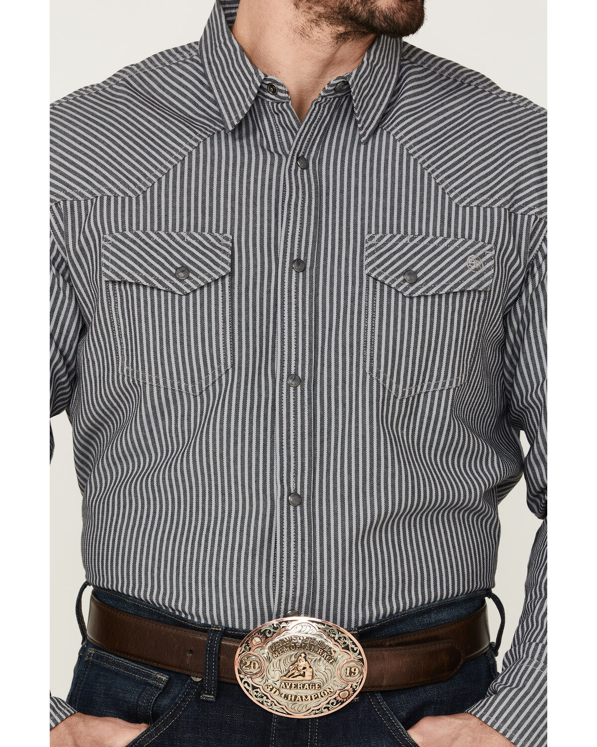 Image #3 - Blue Ranchwear Men's Stripe Washed Long Sleeve Snap Heavy Western Shirt, Light Grey, hi-res
