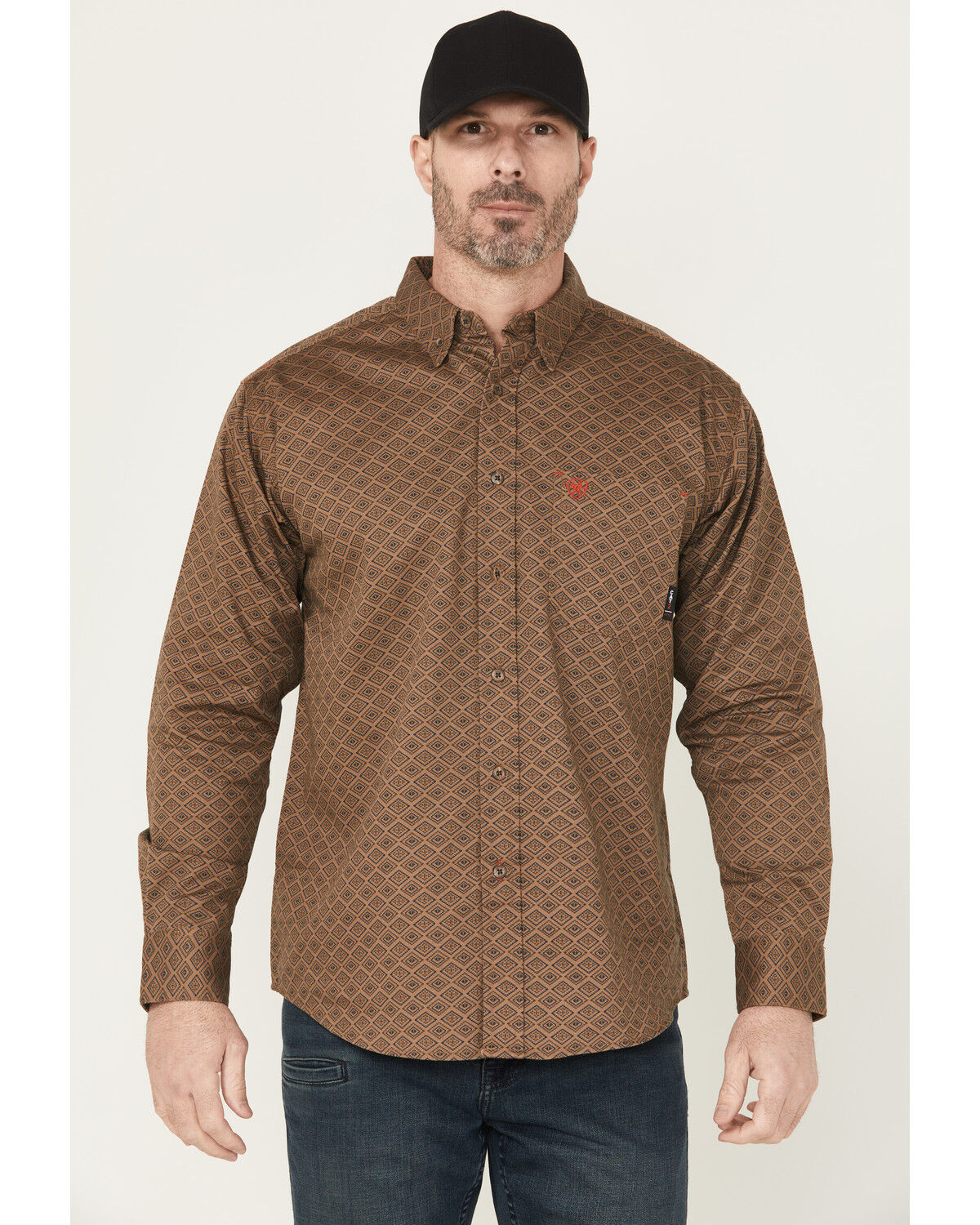Image #1 - Ariat Men's FR Deniro Printed Long Sleeve Button-Down Work Shirt, Khaki, hi-res