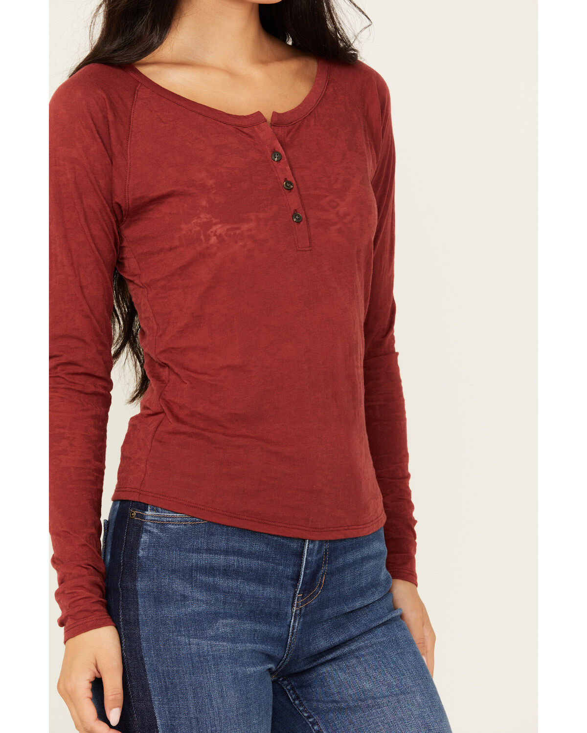 Image #3 - Shyanne Women's Long Sleeve Southwest Burnout Print Henley Shirt, Dark Red, hi-res