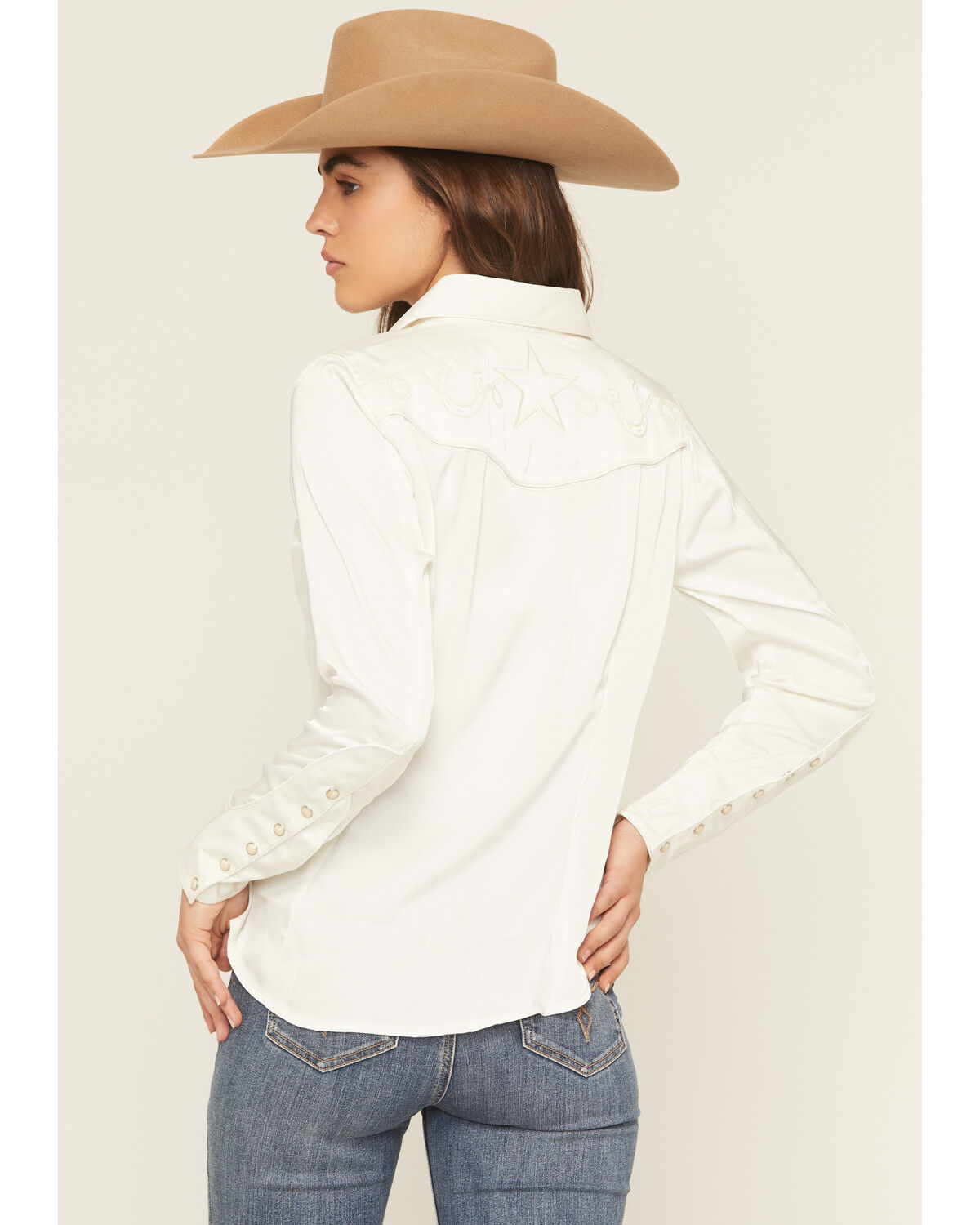 Image #4 - Wrangler X Lainey Wilson Women's Satin Star Embroidered Long Sleeve Snap Western Shirt, White, hi-res