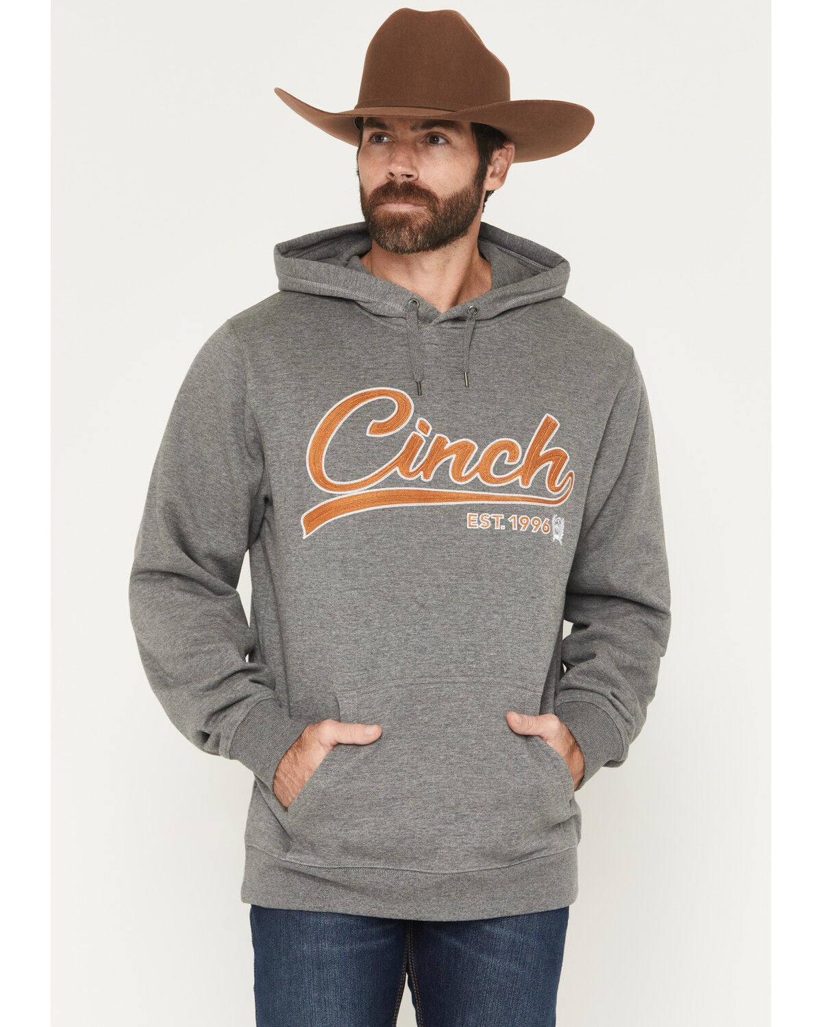 Cinch Men's Logo Hooded Sweatshirt, Grey, hi-res