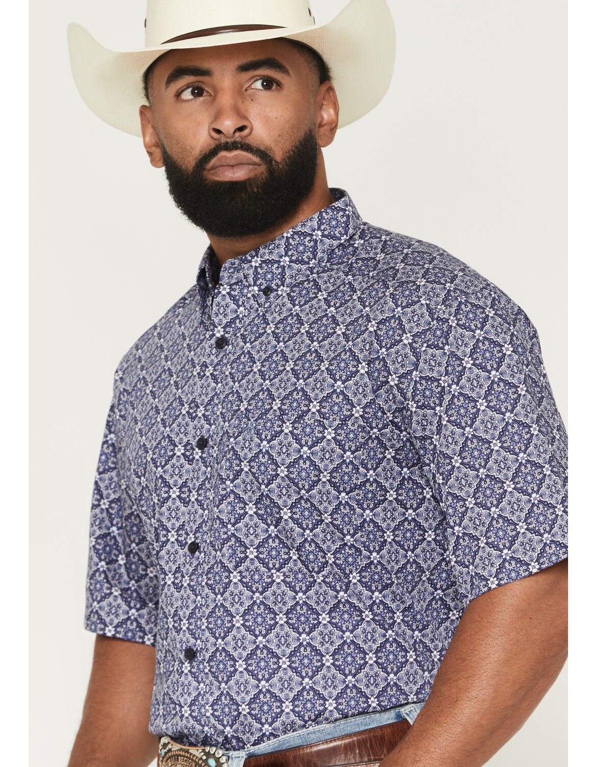 Image #2 - Ariat Men's Bill Medallion Print Short Sleeve Button-Down Western Shirt - Big, Blue, hi-res