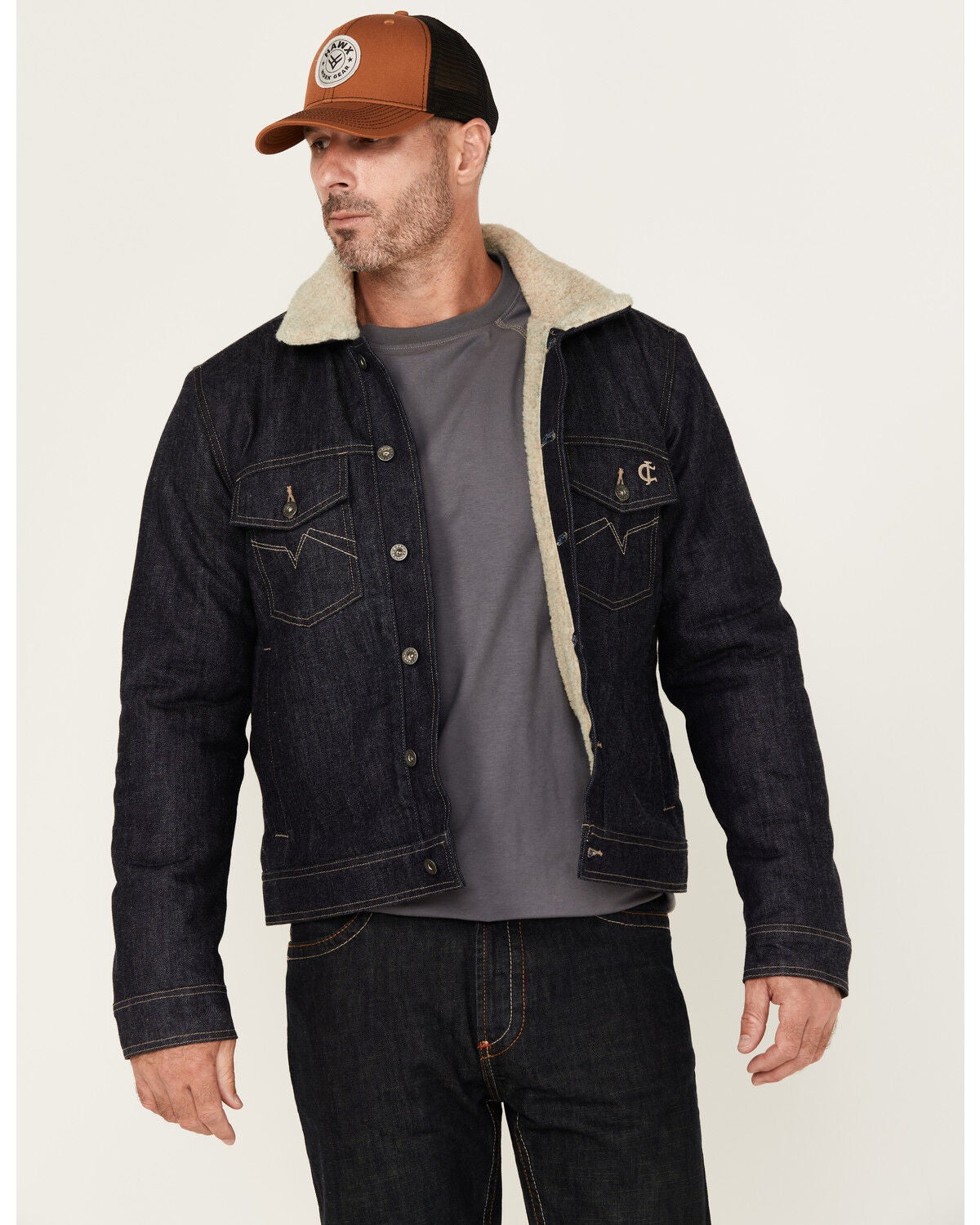 Cody James Men's FR Sherpa Lined Work Denim Jacket, Indigo, hi-res