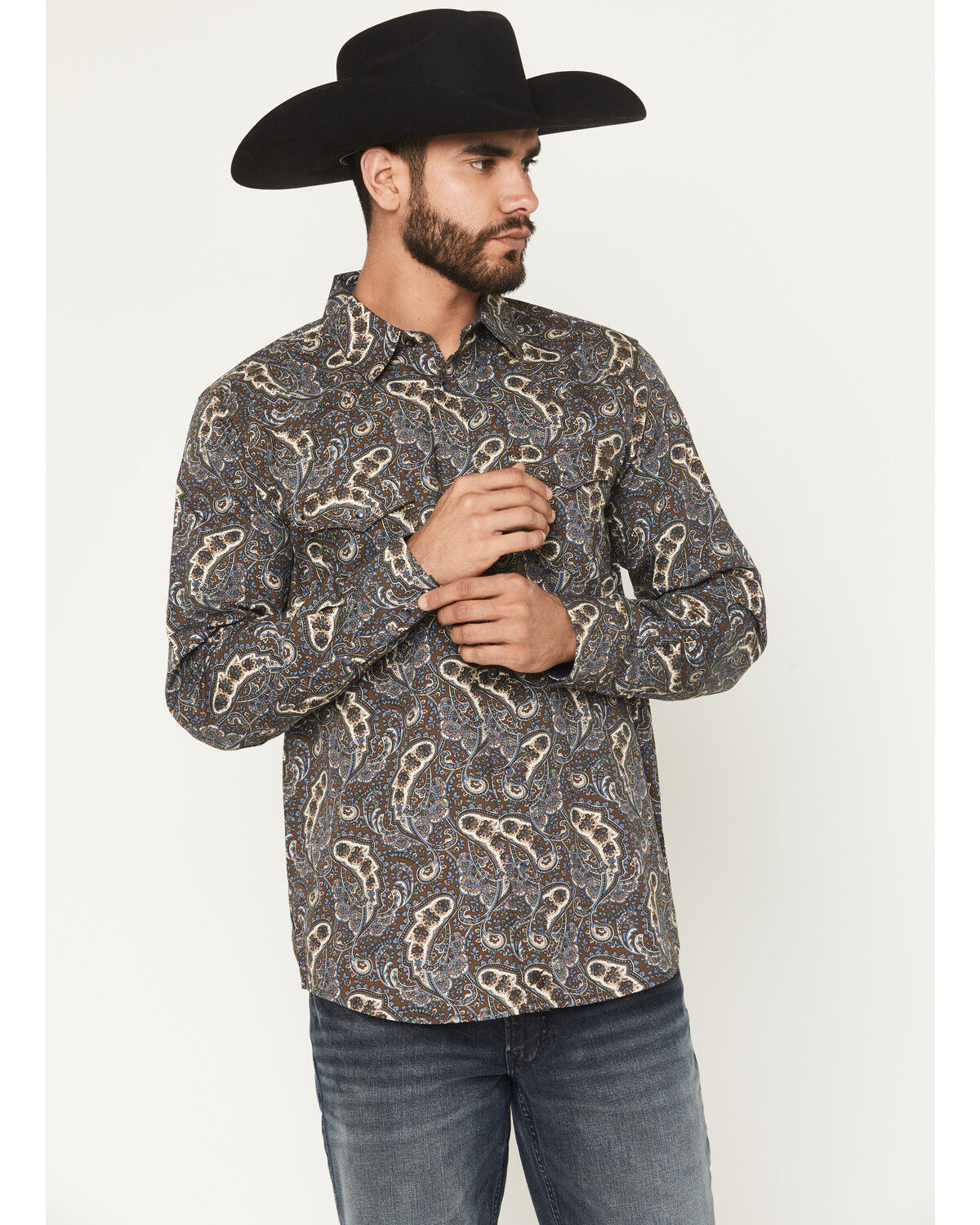 Image #1 - Moonshine Spirit Men's High Strung Paisley Print Long Sleeve Snap Western Shirt, Dark Brown, hi-res