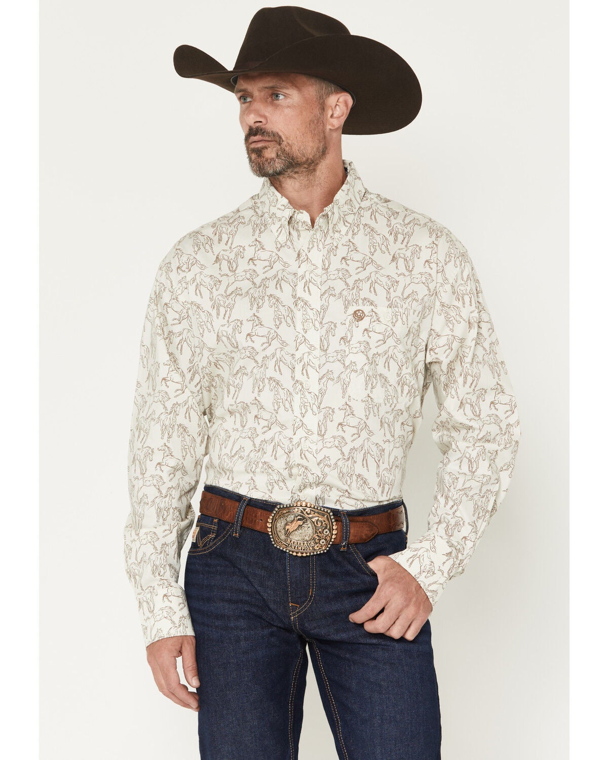George Strait by Wrangler Men's Horse Print Long Sleeve Button-Down Stretch Western Shirt - Big, Tan, hi-res
