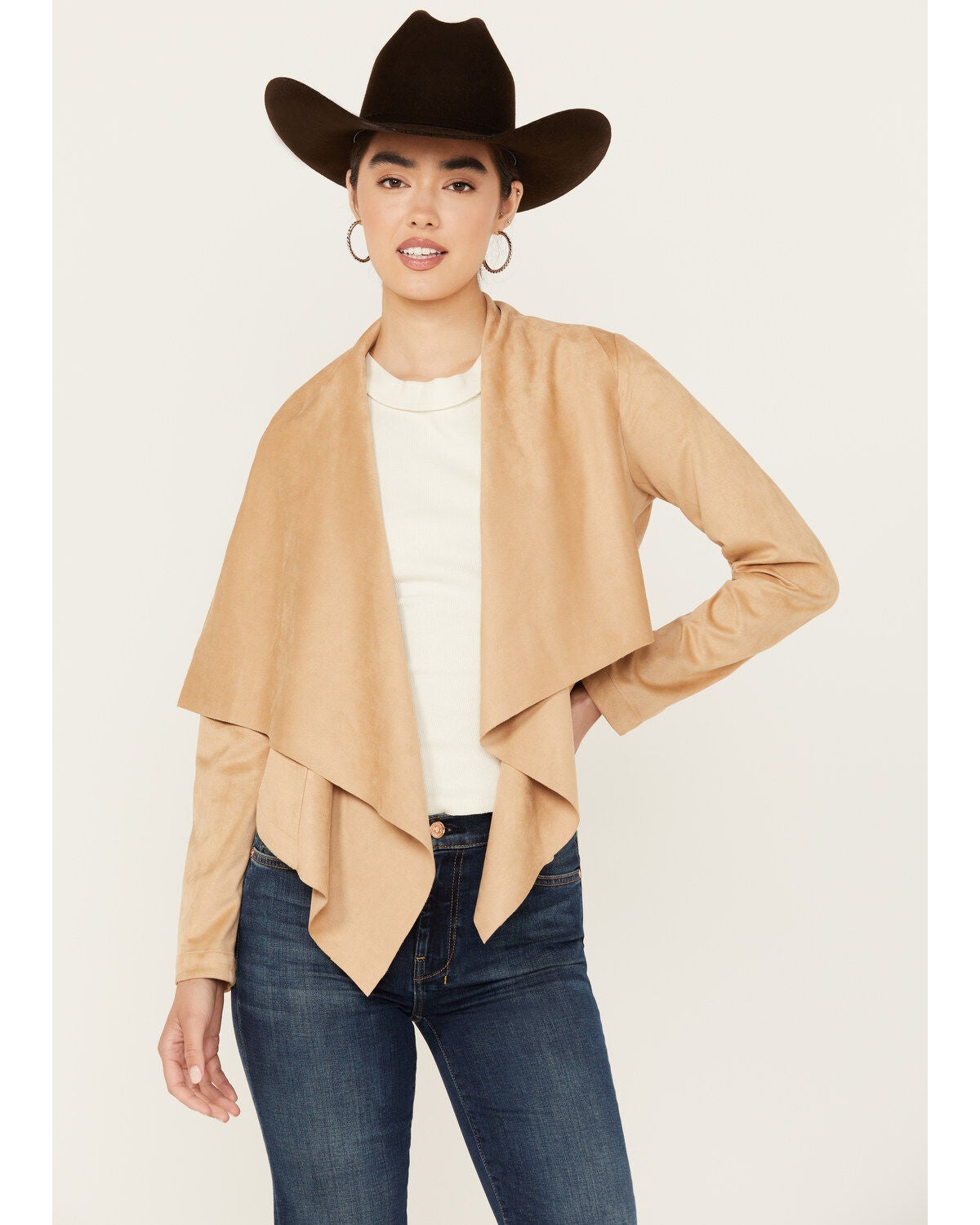 Shyanne Women's Faux Suede Cascade Collar Moto Jacket, Beige, hi-res