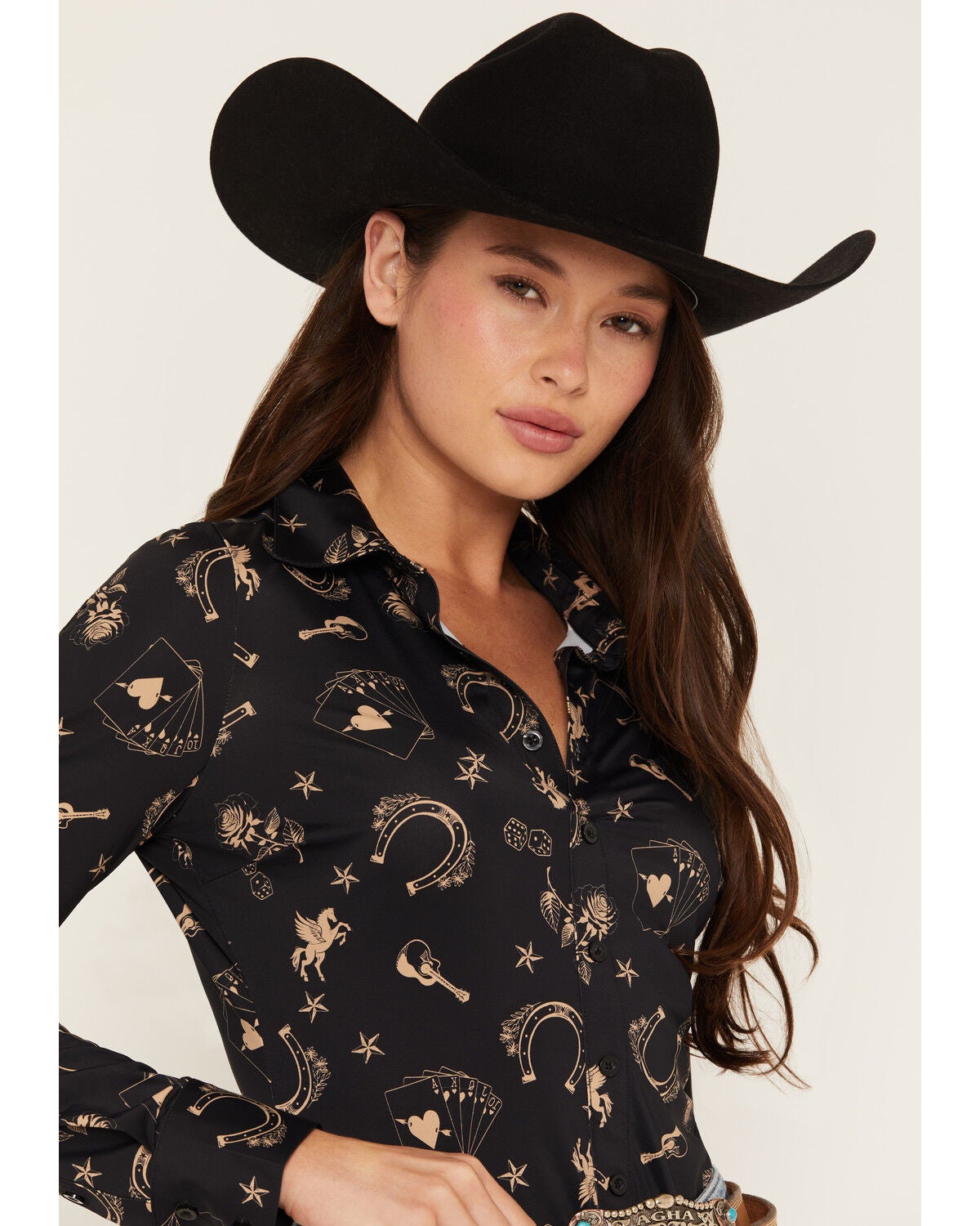 Image #2 - Idyllwind Women's Western Conversation Print Long Sleeve Pullover Stretch Western Shirt, Black, hi-res