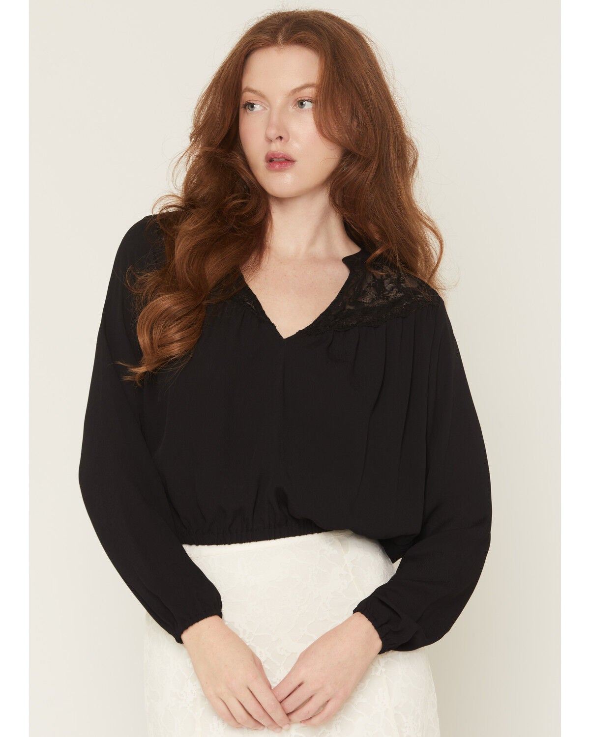 Idyllwind Women's Wren Lace Trim Long Sleeve Georgette Top, Black, hi-res