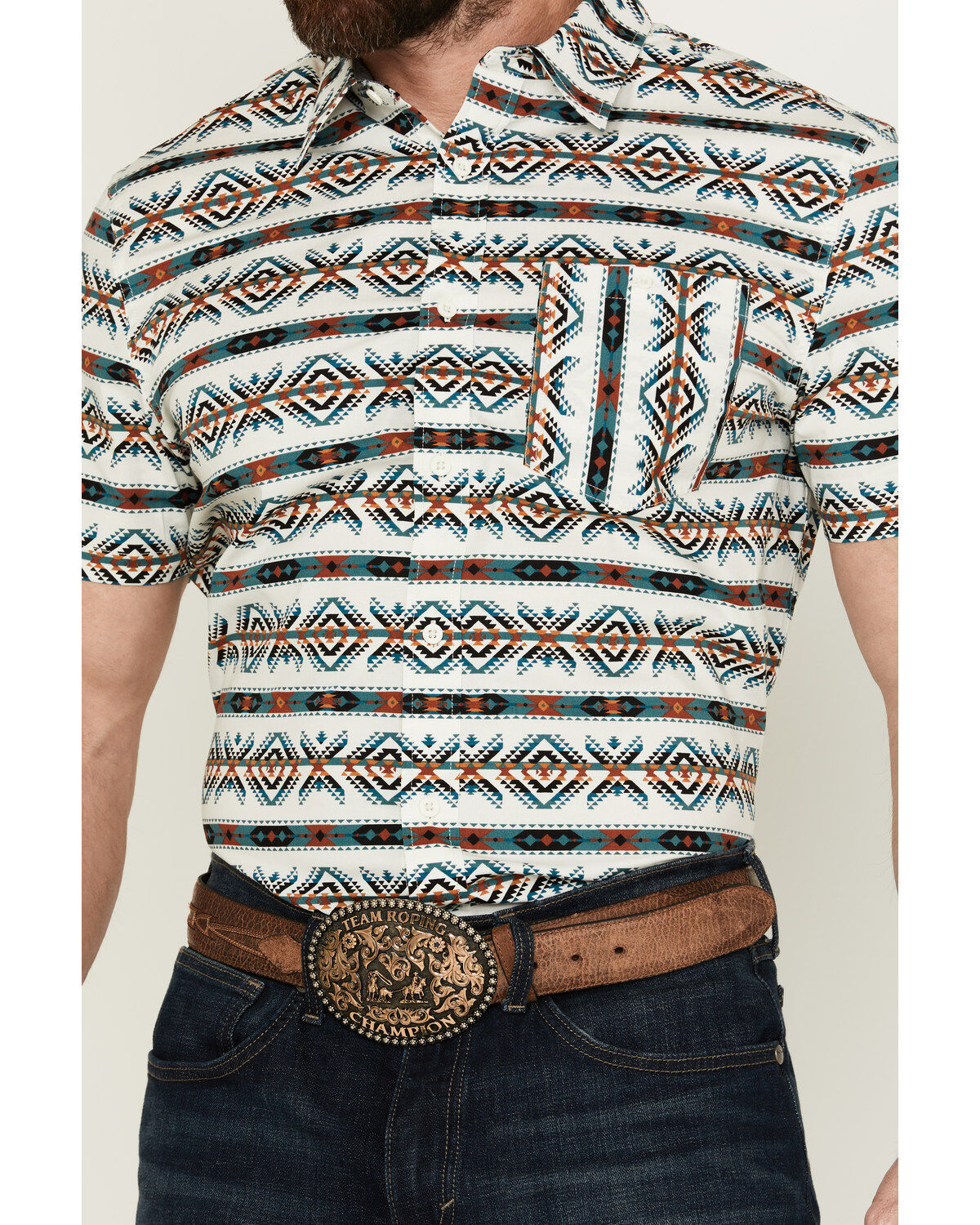 Image #3 - RANK 45® Men's Resurrection Southwestern Print Short Sleeve Button-Down Performance Stretch Western Shirt, Ivory, hi-res