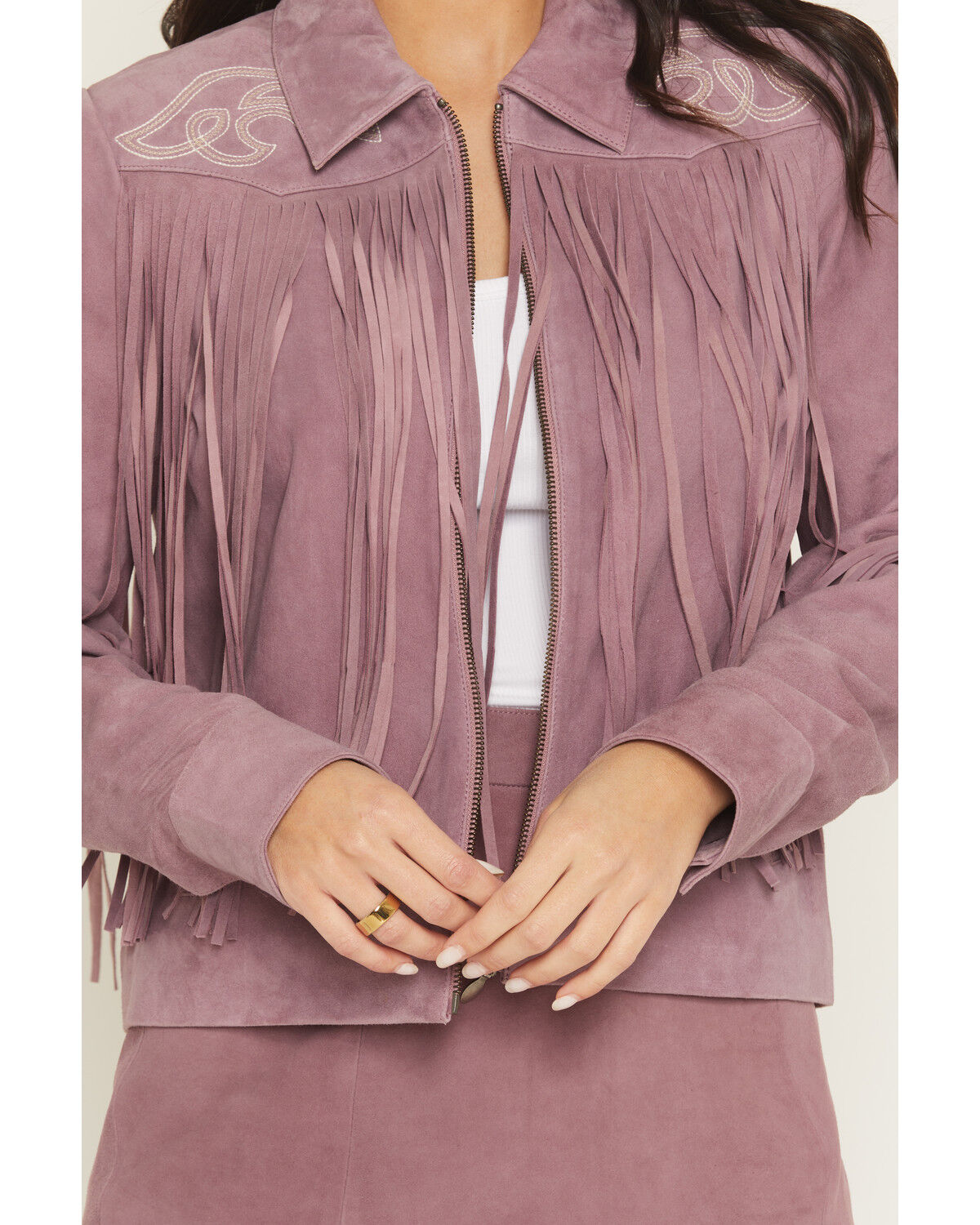 Image #3 - Idyllwind Women's Brook Embroidered Fringe Suede Jacket, Orchid, hi-res