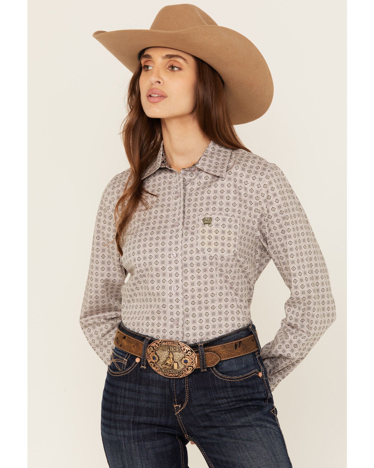 Cinch Women's Medallion Print Long Sleeve Button-Down Stretch Western Shirt, Light Purple, hi-res