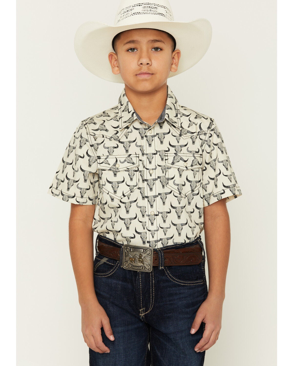 Cody James Boys' Toro Steerhead Print Short Sleeve Snap Western Shirt, Tan, hi-res